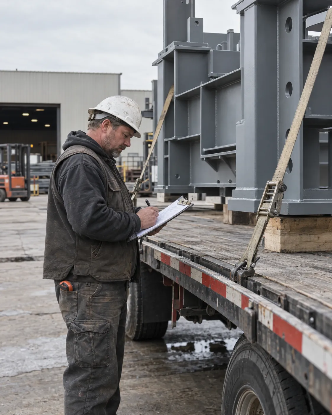 A foreman signing off a finished steel assembly on a trailer