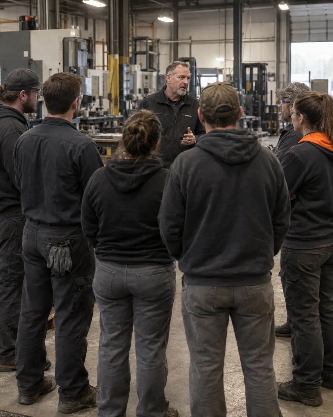 An owner talking with a small crew on the shop floor at shift start