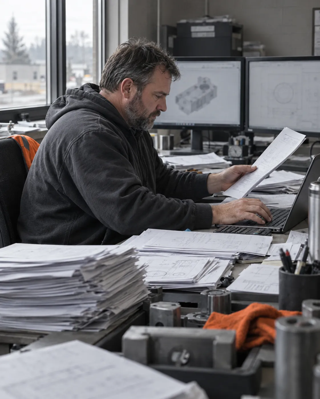An estimator retyping numbers from a stack of printed RFQs